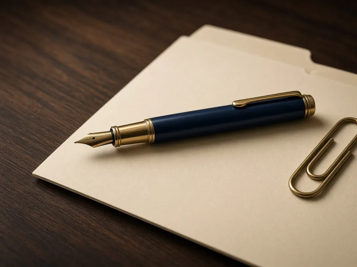 A fountain pen resting on a file folder